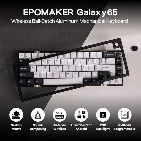 لوحة مفاتيح ميكانيكية EPOMAKER Galaxy65 QMK/VIA لاسلكية، لوحة مفاتيح مخصصة من الألومنيوم المؤكسد للكرة، مفتاح قابل للتبديل الساخن مسبقًا، إضاءة خلفية RGB، مقبض دوار، 2.4 جيجا هرتز/BT/Type-C (أسود) in Kuwait