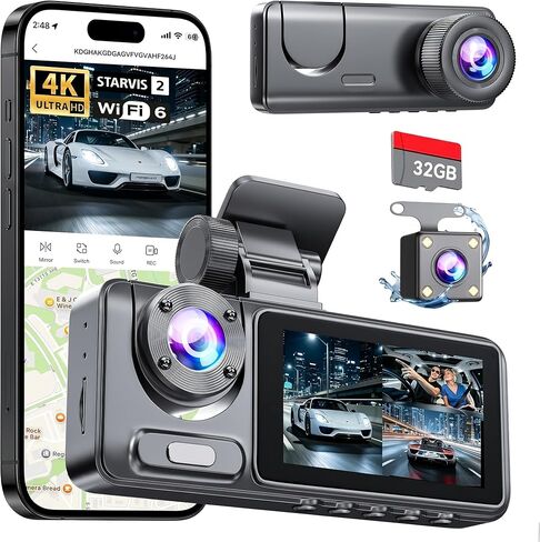 3 Channel Dash Cam Front and Rear Inside, Bulit a 32GB Card, Dash Camera for Cars,4K Full HD 2.0'' IPS Screen Dashcam with G-Sensor, IR Night Vision, WDR, Loop Recording, 24H Parking Mode in Kuwait