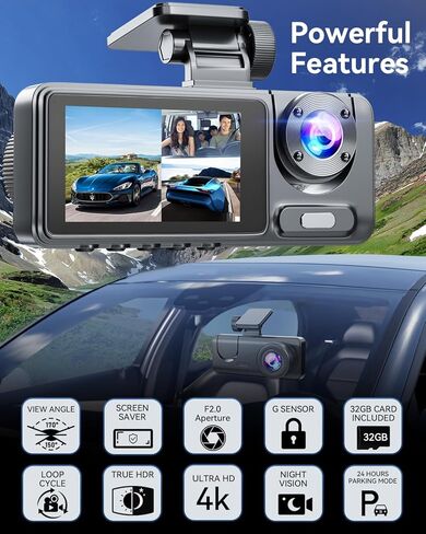 3 Channel Dash Cam Front and Rear Inside, Bulit a 32GB Card, Dash Camera for Cars,4K Full HD 2.0'' IPS Screen Dashcam with G-Sensor, IR Night Vision, WDR, Loop Recording, 24H Parking Mode in Kuwait