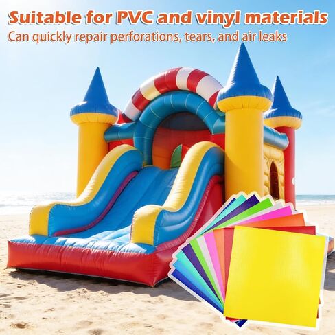 طقم إصلاح منزل نطاط قابل للنفخ، 10 قطع، رقع فينيل PVC متعددة الألوان مع فرشاة، مجموعة إصلاح رقع الفينيل للمنازل النطاطة، ومنزلقات المياه والألعاب القابلة للنفخ (بدون غراء متضمن) in Kuwait