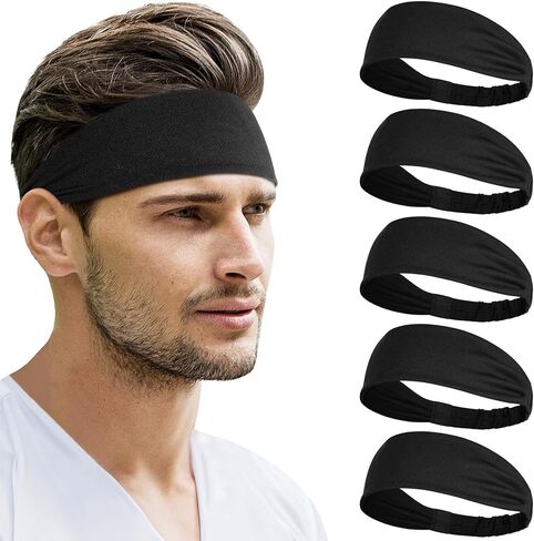 Beister Sports Headbands for Men Women (5 Pack), Moisture Wicking Sweat Band Elastic Wide Hair Bands, Workout Sweatband Athletic Mens Headband for Running, Cycling, Basketball, Gym Exercise, Football in Kuwait