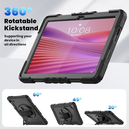 Junfire Shockproof Case for Lenovo Tab 10.1 2025 with Screen Protector, Heavy Duty Protective TB-311XU/TB-311FU Case with [360 Rotating Kickstand] [Hand Strap][Shoulder Belt]-Black in Kuwait