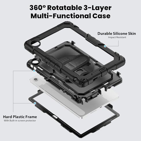 Junfire Shockproof Case for Lenovo Tab 10.1 2025 with Screen Protector, Heavy Duty Protective TB-311XU/TB-311FU Case with [360 Rotating Kickstand] [Hand Strap][Shoulder Belt]-Black in Kuwait