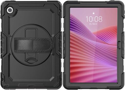 Junfire Shockproof Case for Lenovo Tab 10.1 2025 with Screen Protector, Heavy Duty Protective TB-311XU/TB-311FU Case with [360 Rotating Kickstand] [Hand Strap][Shoulder Belt]-Black in Kuwait