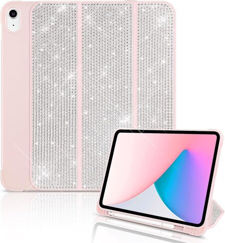 حافظة بلينغ لجهاز iPad (A16) الجيل الحادي عشر 11 بوصة 2025، iPad الجيل العاشر 10.9 بوصة 2022، غطاء واقٍ بحامل من حجر الراين اللامع، غطاء خلفي صلب يدعم معرف اللمس (وردي) in Kuwait