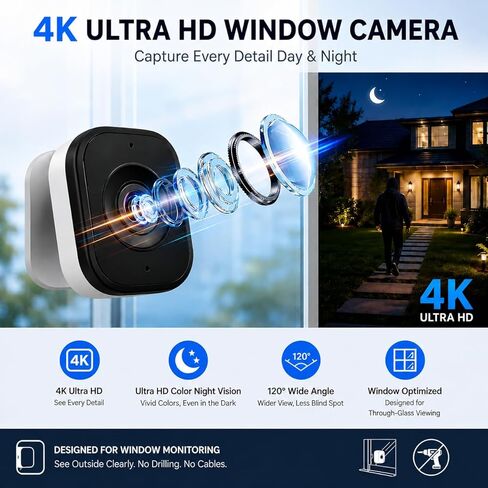 4K Window Security Camera, WiFi 6 Dual Band 2.4G/5G Indoor Outdoor Camera, No Drilling Magnetic Mount, UHD Night Vision, 2-Way Audio, Motion Detection, TF Card Storage in Kuwait