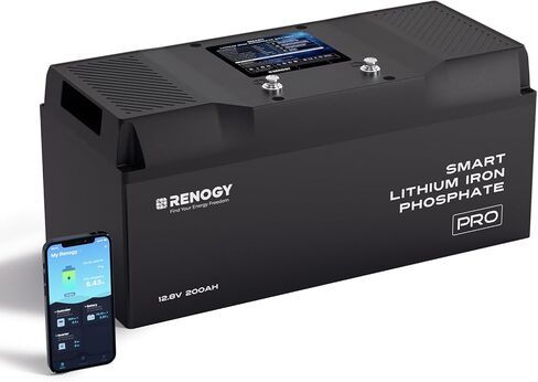 بطارية ليثيوم RENOGY REGO PRO 12V 200AH LiFePO4 بطارية 2 في 1 بلوتوث وتسخين ذاتي IP67 مقاس 18.4x8.4x8.2 بطاريات دورة عميقة لصيد الأسماك على الجليد، محرك التصيد، RV، النظام الشمسي خارج الشبكة باللون الأسود in Kuwait
