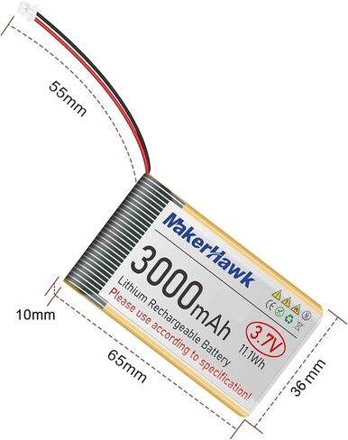 بطارية ليبو 3.7 فولت 3000 مللي أمبير قابلة لإعادة الشحن من MakerHawk 1S 103665 بطارية ليثيوم بوليمر مع شريط مطاطي معزول ولوحة حماية، قابس Micro JST 1.25 للوحة تطوير Ar duino ESP32 (عبوتان) in Kuwait