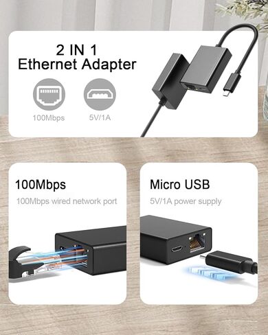 محول إيثرنت YEZriler لـ Fire TV Stick، محول Micro USB إلى RJ45 Ethernet متوافق مع Fire TV Stick/4K/4K Max، مكعب - أسود ورمادي in Kuwait