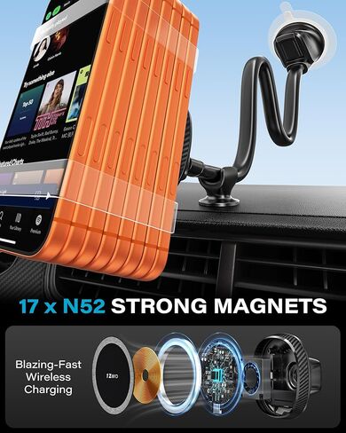 1Zero for Magsafe Car Mount Charger, 15W Fast Charging – Stronger Magnetic & Suction Cup Mount for Windshield & Dashboard, Wireless Car Charger Compatible with iPhone 17/16/15/14/13/12 Pro Max in Kuwait