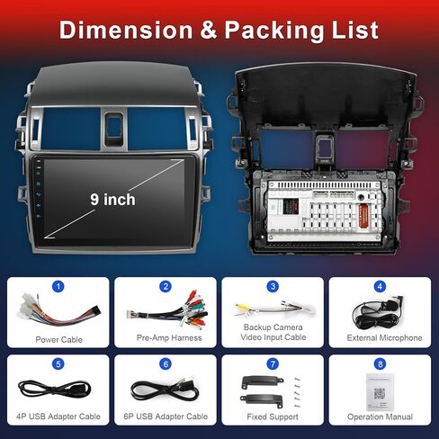 Car Radio for Toyota Corolla 2009 2010 2011 2012 2013 Support Wireless Carpaly and Android Auto, 9 Inch IPS Touch Screen with Bluetooth/SWC/DSP/AM/FM in Kuwait