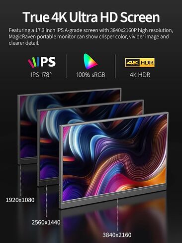 شاشة MAGICRAVEN المحمولة، شاشة عرض ثانية 17.3 بوصة بدقة 4K لأجهزة الكمبيوتر المحمول ووحدة التحكم، وموسع شاشة الكمبيوتر المحمول USB-C وHDMI مع مكبرات صوت مدمجة، تعمل مع PS5 وXbox وSwitch، مثالية للسفر والمنزل والمكتب in Kuwait