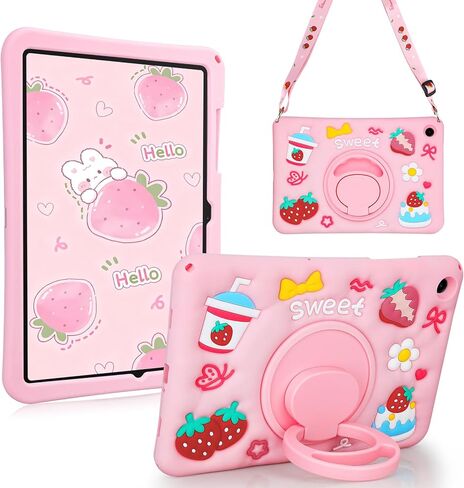 for Samsung Galaxy Tab A9 Plus Case Kids Girls Galaxy Tab Case with 360 Degree Kickstand Shoulder Strap for Samsung A9 Plus Tablet Silcone Cover 11 inch 2023 with Pink Strawberry Pattern in Kuwait