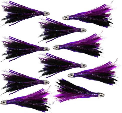 10 قطع من السمك WOW!® 4 بوصات ريشة صغيرة 1/2 أونصة من الكروم برأس رصاصة تصيد ريشة سوداء أرجوانية طُعم سمك التونة غير المزروع in Kuwait