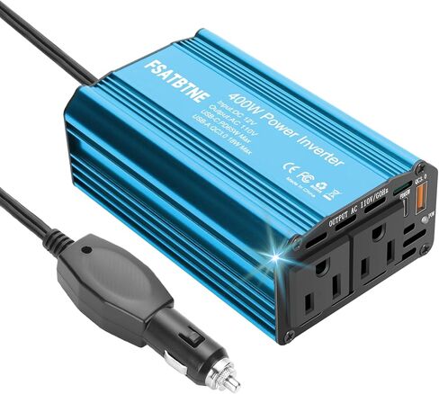 محول طاقة 400 واط، FSATBTNE DC 12 فولت إلى 110 فولت تيار متردد محول قابس السيارة مع [65 واط PD USB-C] و [18 واط QC USB-A] منافذ شحن سريعة ومنفذي تيار متردد محولات طاقة السيارة للمركبات in Kuwait