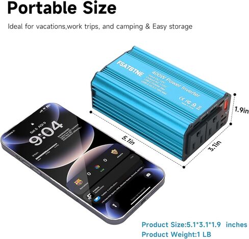 محول طاقة 400 واط، FSATBTNE DC 12 فولت إلى 110 فولت تيار متردد محول قابس السيارة مع [65 واط PD USB-C] و [18 واط QC USB-A] منافذ شحن سريعة ومنفذي تيار متردد محولات طاقة السيارة للمركبات in Kuwait
