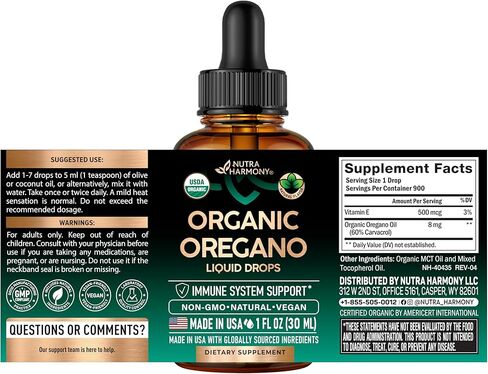USDA Organic Oil of Oregano - Liquid Drops with Vitamin E - Made in USA - Supplement for Immune Support, Digestion Health & Antioxidant - Non-GMO, Natural, Vegan - As Pills, Capsules, Softgels 1 fl oz in Saudi Arabia