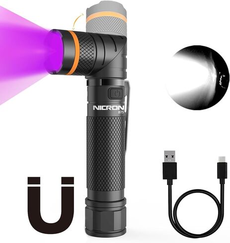 NICRON B75 High Power UV Flashlight Rechargeable LED 1000 Lumens 395nm Ultraviolet, 90 Degree 4 Modes Flashlight with Magnetic Base IP65 Waterproof for Camping Outdoor Night Walking Urine Detector in Kuwait