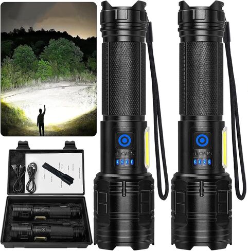 2 Pack 99000 Lumens Rechargeable Flashlight, Super Bright with COB Light LED Flashlight, 7 Modes Adjustable Focus, IPX7 Waterproof, High Powered Flashlight for Camping, Home in Kuwait