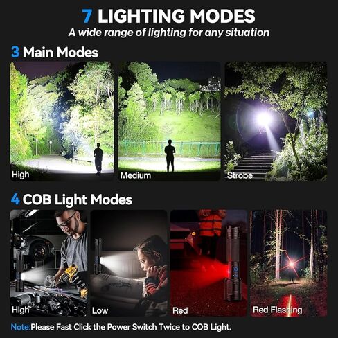 2 Pack 99000 Lumens Rechargeable Flashlight, Super Bright with COB Light LED Flashlight, 7 Modes Adjustable Focus, IPX7 Waterproof, High Powered Flashlight for Camping, Home in Kuwait