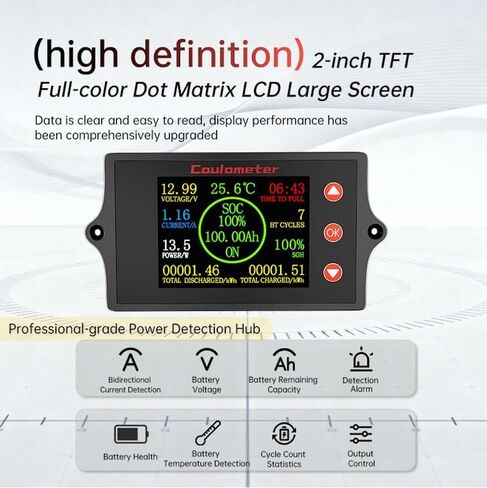 RQG New 500A Battery Monitor with Shunt,8-100V 2 Inch Color Screen Shunt Monitor,High Precision TFT Color Screen Coulometer for Car RV Golf Cart Solar Panel in Kuwait