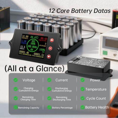 RQG New 500A Battery Monitor with Shunt,8-100V 2 Inch Color Screen Shunt Monitor,High Precision TFT Color Screen Coulometer for Car RV Golf Cart Solar Panel in Kuwait