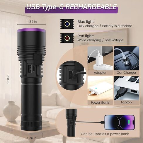 20W 365nm UV Flashlight, Black Light Flashlight with Filter Lens, High Power USB-C Rechargeable LED UV Light for Pet Urine Detection, Scorpion, Rockhounding, Resin Curing, AC Leak in Kuwait