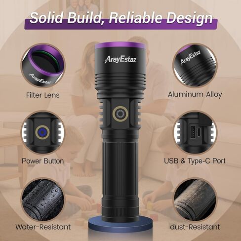 20W 365nm UV Flashlight, Black Light Flashlight with Filter Lens, High Power USB-C Rechargeable LED UV Light for Pet Urine Detection, Scorpion, Rockhounding, Resin Curing, AC Leak in Kuwait