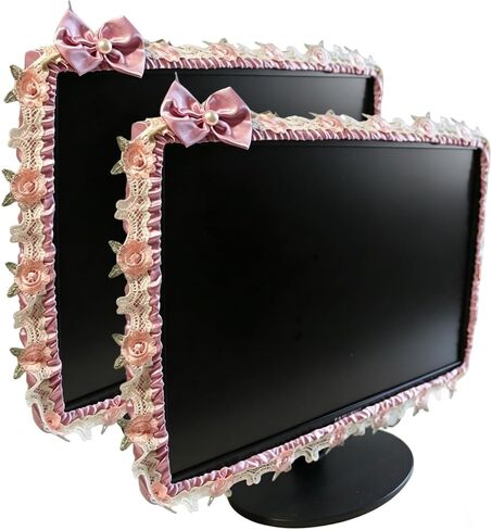 2Pcs Cute Fabric Computer Monitor Cover with Bow Tie, Lovely Floral Lace Laptop TV LCD Screen Monitor Decoration Dust Cover Protector, 23-26 Inch (Beige) in Kuwait