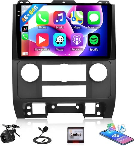 SIXTOP 4G+64G Android Car Stereo Radio for Ford Escape/Ford Kuga/Mazda Tribute 2007-2012 Wireless CarPlay Android Auto Bluetooth 5.0 GPS 9" HD Touchscreen WiFi FM/RDS Type-C 32EQ SWC AHD Backup Camera in Kuwait