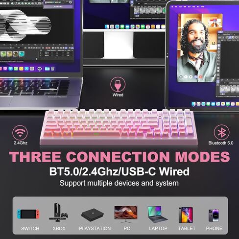 X98 Ultra Wireless Mechanical Keyboard,Hot Swappable Custom Keyboard with Number Pad,Linear Switches,Tri-Mode BT5.0/2.4GHz/USB-C,RGB Backlit Pink Gaming Keyboards for Win/Mac/PC in Kuwait