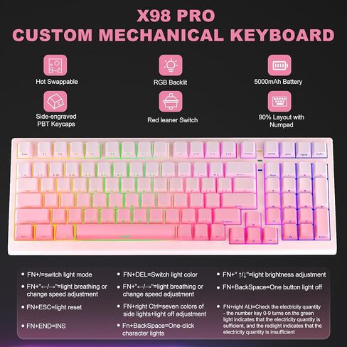 X98 Ultra Wireless Mechanical Keyboard,Hot Swappable Custom Keyboard with Number Pad,Linear Switches,Tri-Mode BT5.0/2.4GHz/USB-C,RGB Backlit Pink Gaming Keyboards for Win/Mac/PC in Kuwait