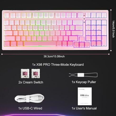 X98 Ultra Wireless Mechanical Keyboard,Hot Swappable Custom Keyboard with Number Pad,Linear Switches,Tri-Mode BT5.0/2.4GHz/USB-C,RGB Backlit Pink Gaming Keyboards for Win/Mac/PC in Kuwait