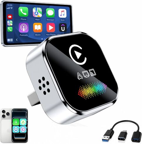 محول CarPlay اللاسلكي لجهاز iPhone - دونجل 2026 4 في 1 مع AirPlay ونسخ الشاشة، زمن استجابة منخفض، توصيل تلقائي لمدة 5 ثوانٍ للسيارات السلكية، يتضمن مكيف USB (فضي) in Kuwait
