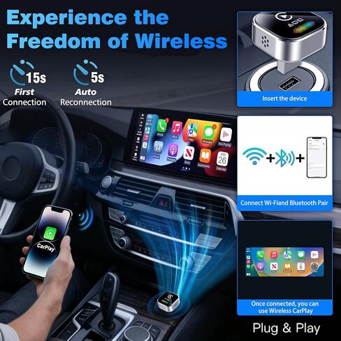 محول CarPlay اللاسلكي لجهاز iPhone - دونجل 2026 4 في 1 مع AirPlay ونسخ الشاشة، زمن استجابة منخفض، توصيل تلقائي لمدة 5 ثوانٍ للسيارات السلكية، يتضمن مكيف USB (فضي) in Kuwait
