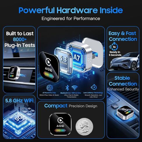 محول CarPlay اللاسلكي لجهاز iPhone - دونجل 2026 4 في 1 مع AirPlay ونسخ الشاشة، زمن استجابة منخفض، توصيل تلقائي لمدة 5 ثوانٍ للسيارات السلكية، يتضمن مكيف USB (فضي) in Kuwait