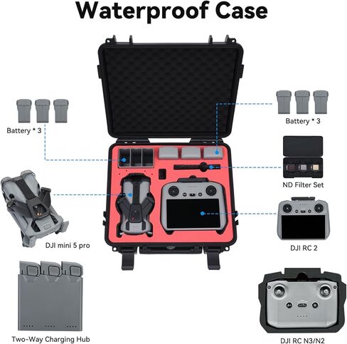 UTEBIT Hard Carrying Case for DJI Mini 5 Pro Drone, Fly More Combo, Protective Travel Box Waterproof with Custom Foam for DJI RC 2/RC N3, Battery(6 pcs), Charging Hub, and other Accessories(Case Only) in Kuwait