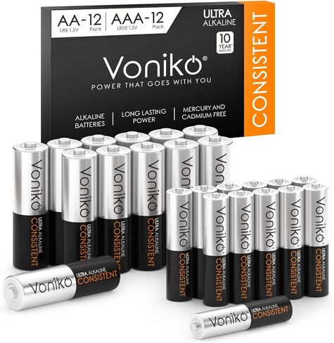 Voniko AA and AAA Batteries 24 Count Combo Pack, 12 Double A and 12 Triple A Batteries, 1.5V Premium Alkaline Battery, 10-Year Shelf Life in Kuwait