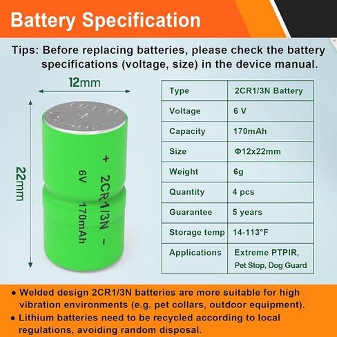 4 بطاريات 2CR1/3N 6V لطوق الكلب | سلسلة ملحومة لتحقيق الاستقرار الشديد | متوافق مع Pet Stop وDog Guard وExtreme PTPIR-003/DG-3000/PCC-100 والمزيد in Kuwait