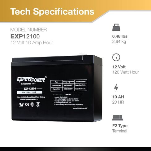 ExpertPower EXP12100 - (عبوتان) بطارية قابلة لإعادة الشحن 12 فولت 10 أمبير SLA AGM لأنظمة الإنذار وUPS، والكراسي المتحركة، eZip 400، 500، 1000 سكوتر، استبدال بطاريات 12 فولت لمحطات UB12100، F2 in Kuwait