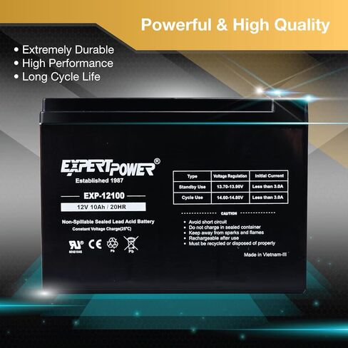 ExpertPower EXP12100 - (عبوتان) بطارية قابلة لإعادة الشحن 12 فولت 10 أمبير SLA AGM لأنظمة الإنذار وUPS، والكراسي المتحركة، eZip 400، 500، 1000 سكوتر، استبدال بطاريات 12 فولت لمحطات UB12100، F2 in Kuwait