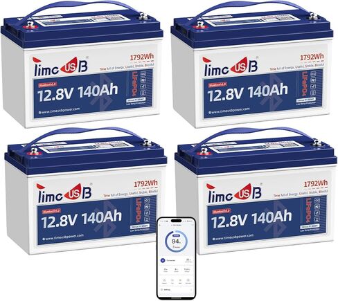 بطارية ليثيوم Timeusb 12V 140Ah LiFePO4 مع حماية منخفضة الحرارة، 5.0 بلوتوث، 150A BMS، 700A تفريغ @1s، المجموعة 31 بطاريات محركات التصيد ذات الدورة العميقة لليخوت والقوارب والمركبات الترفيهية والبحرية (4 عبوات) in Kuwait