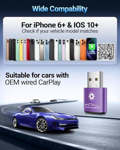 vnilrgle Wireless CarPlay Adapter for Apple iPhone（2026 Upgraded） Mini Design, Converts Factory Wired to Wireless Adapter for CarPlay, Plug and Play, Auto Connect Fast and Stable(Purple) in Kuwait