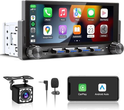 6.86 بوصة راديو لاسلكي بشاشة لمس واحدة Din Apple Carplay Android Auto، ستيريو سيارة أحادي الدين مع بلوتوث، وصلة مرآة، شحن سريع، كاميرا احتياطية، AM/FM، EQ، Type-C in Kuwait