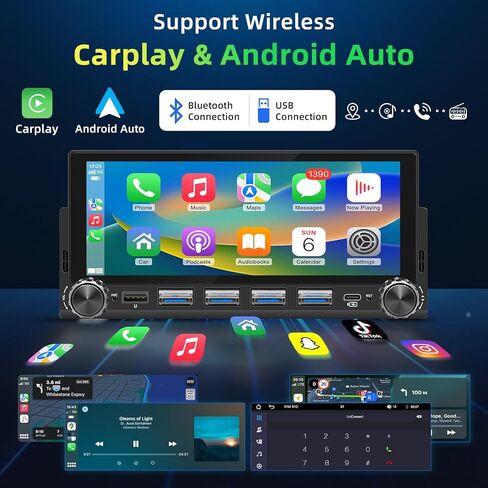6.86 بوصة راديو لاسلكي بشاشة لمس واحدة Din Apple Carplay Android Auto، ستيريو سيارة أحادي الدين مع بلوتوث، وصلة مرآة، شحن سريع، كاميرا احتياطية، AM/FM، EQ، Type-C in Kuwait