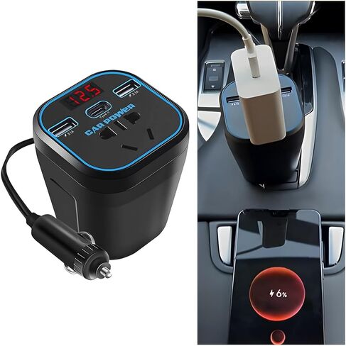 Ankuee 150W Car Power Inverter, 12V DC to 110V Vehicle Plug Outlet Adapter with Dual USB & Type-C & Voltmeter, Automotive Fast Charger Power Converter for Computer Laptop Phone in Kuwait