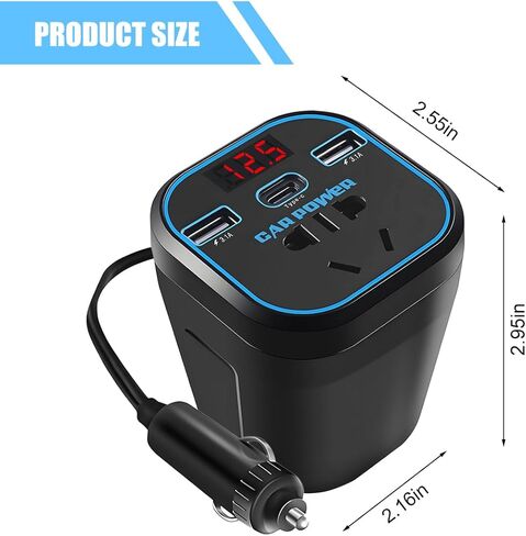 Ankuee 150W Car Power Inverter, 12V DC to 110V Vehicle Plug Outlet Adapter with Dual USB & Type-C & Voltmeter, Automotive Fast Charger Power Converter for Computer Laptop Phone in Kuwait
