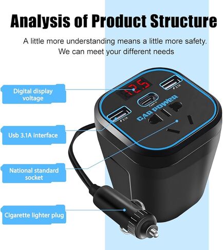 Ankuee 150W Car Power Inverter, 12V DC to 110V Vehicle Plug Outlet Adapter with Dual USB & Type-C & Voltmeter, Automotive Fast Charger Power Converter for Computer Laptop Phone in Kuwait