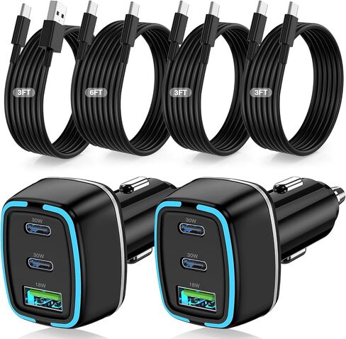 75W USB C Car Charger, 3-Port Super Fast Charging PD 3.0 & QC 3.0 Cigarette Lighter Adapter for iPhone 17/16/15 Pro Max, Samsung Galaxy S26/S25/S24 Ultra, with 4Pack 3FT+6.6FT Type C Cable in Kuwait