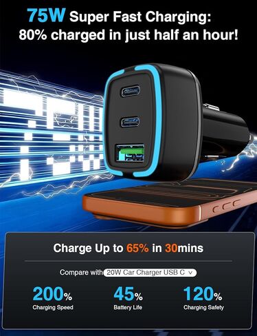 75W USB C Car Charger, 3-Port Super Fast Charging PD 3.0 & QC 3.0 Cigarette Lighter Adapter for iPhone 17/16/15 Pro Max, Samsung Galaxy S26/S25/S24 Ultra, with 4Pack 3FT+6.6FT Type C Cable in Kuwait